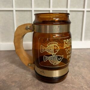 Vintage Artmark Amber Glass Barrel Mug Fish Design